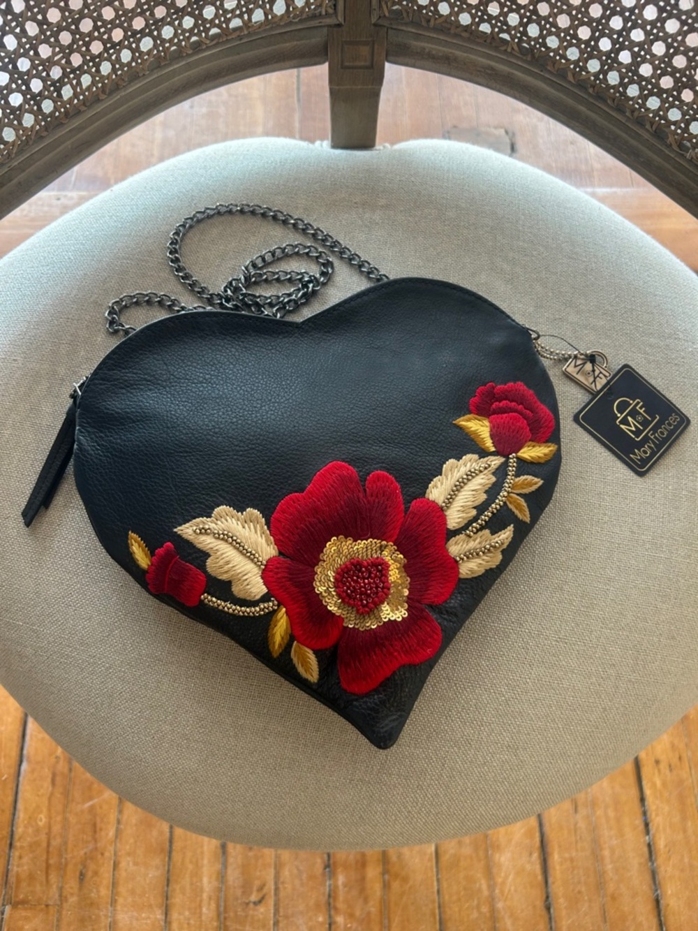 Mary Frances Black Heart Crossbody with Red Floral Embroidery